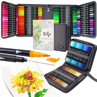 Image of LANRENWENG 100 Colors Dual Tip Brush Pens Fineliners Art Markers, Watercolor Marker and Highlighters with Canvas Bag for Adult Coloring Books Drawing Sketching Calligraphy