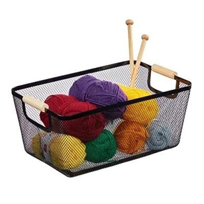 Image of Relaxdays Wire Storage Basket with Handles, Square, Metal &amp; Wood, for Various Utensils, HWD: 17.5 x 43 27cm, 70% Steel 30%, Black, 16.5 37 22.5 cm