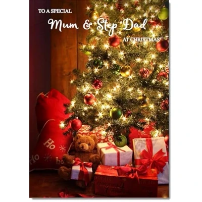 Image of doodlecards Mum and Stepdad Christmas Card Teddy by Tree Medium Size for &amp; with Plain Envelope