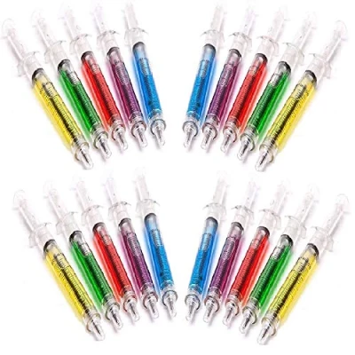 Image of 20 Double value Mixed Colour Novelty Syringe Pens. Black ink bulk pack now includes extra refills