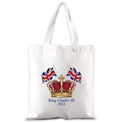 Image of FINDING CASE king charles III Coronation Celebration Union jack Crown shopping bag Tote Canvas Bags Shopper (king 016)