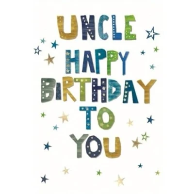 Image of Uncle Birthday Card Blue Green Brown Writing &amp; Stars with Gold Foil 7.75x5.25&quot;