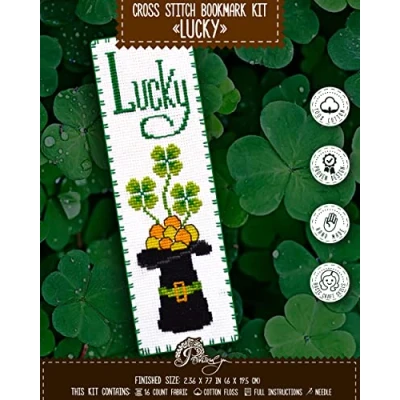 Image of Povitrulya Counted Cross Stitch Kit Lucky DIY Embroidery Book Marker Set for Adults and Kids with Paper Pattern, 16 Count Aida Canvas Presorted Floss