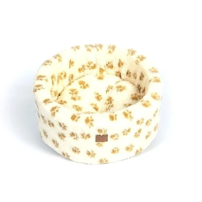 Image of Danish Design Sherpa Fleece Beight Brown Paw Print Machine Washable Cat/Kitten Cosy Bed Small 42 cm