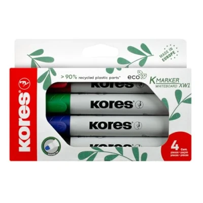 Image of Kores Coloured ECO Whiteboard Marker Pens K XW1, with Round Tip and Low Odour Ink Dry Wipe School Supplies, Office Supplies Pack of 4 Assorted Colours