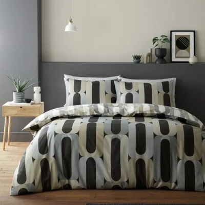 Image of Fusion 70s Retro Shapes Charcoal Duvet Cover Single Bedding Size (140 x 200cm) Funky Hula Hoops Bed Set Easy Care &amp; Washable with Geometric Circle Print Vector Inspired