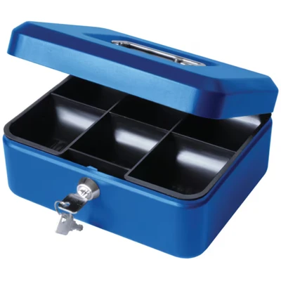 Image of Cathedral Products Key Lockable Cash Box with Lift Out 6 Compartment Coin Tray 8 Inch Blue