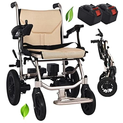 Image of Electric Wheelchair Wheelchairs Folding Lightweight 30Lbs Durable Aluminum Alloy Travel Power with 2 Removable Battery,Gold