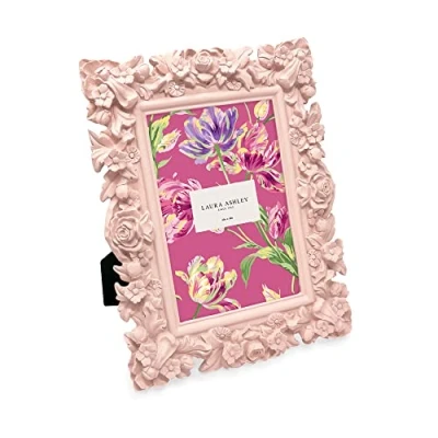 Image of Laura Ashley 4x6 Pink Floral Textured Hand Crafted Resin Picture Frame with Easel, for Tabletop &amp; Wall Display, Decorative Design Home D cor, Photo Gallery, Art More (4x6, Pink)