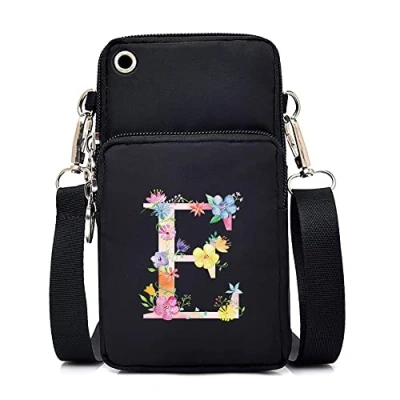 Image of FINDING CASE initial letter Printed Women Girls men Zipper Waterproof Nylon 3 Layers Crossbody Bags Wallet Cellphone Purse Shoulder Bag Wristlet Handbags Adjustable Strap (pink E)
