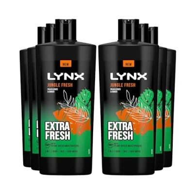 Image of Lynx 3 in 1 Shower Gel Jungle Fresh 12 Hours of Long Lasting Refreshing Fragrance Body Wash with Plant Based Moisturisers for Men Naturally Soft Skin, 700ml Pack 6
