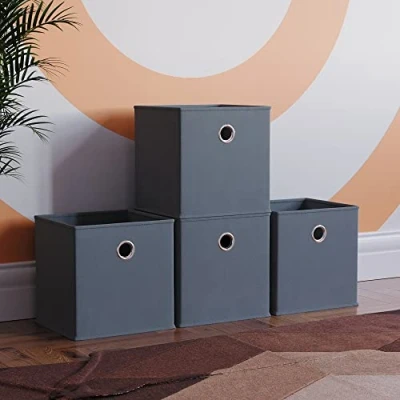 Image of Vida Designs Durham Foldable Storage Cube Baskets Fabric Box With Metal Easy Access Handle Home Organiser (4 Pack, Grey)