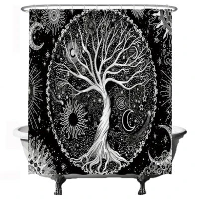 Image of Ulticool Shower Curtain Tree of Life Black White 180 x 200 cm Washable Waterproof with 12 Rings