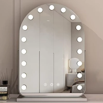 Image of Desktop Vanity Mirror With LED Light, 360Rotating Cosmetic Mirror,Three Colour Light Source, Intelligent Touch,for Dressing Table, Bathroom, Bedroom,LED Bulb Mirror,Golden 32x44cm ( Colo