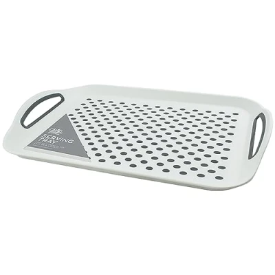 Image of Tech Island Serving Tray, Anti Slip Rectangular with Non Rubber on Top and Bottom Plastic Dinner/Drinks Reusable Trays, Easy Grip Handles Ideal for Home Breakfast, party (White)
