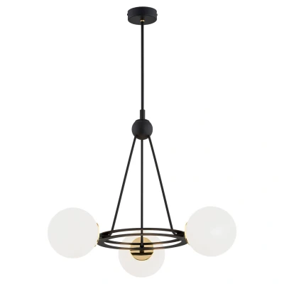 Image of Amalfi Globe Pendant Ceiling 3 Light Opal Matt, Black Structure, Brass Elements