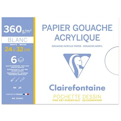 Image of Clairefontaine Ref 93341C Gouache &amp; Acrylic Paper (6 Sheets) 24 x 32cm in Size, 130gsm Paper, Envelope Packet, Acid Free, pH Neutral Suitable for Wet Techniques