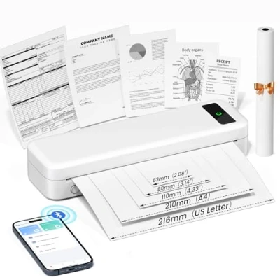 Image of Thermal Portable Printer A4 Wireless Bluetooth Compatible with Apple iPad iPhone Android Laptop, 2600 mAh Inkless for 216/210/110/80/53mm Paper, Mobile Travel Office Home