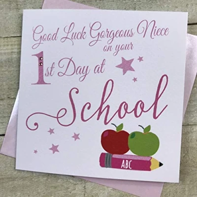 Image of Good Luck Gorgeous Niece on your 1st Day at School Apples Hand finished card by WHITE COTTON CARDS SP110 NIE AP