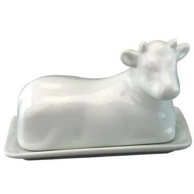 Image of Acense Traditional Porcelain Cow Design Butter Dish with Lid White