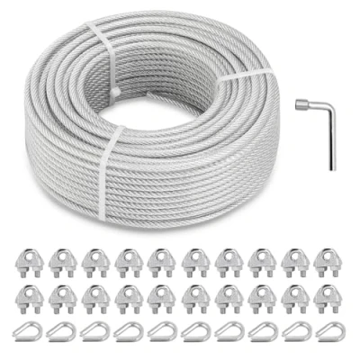 Image of hannger 5MM Wire Rope Kit, 30M PVC Coated Steel Cable Guide Wires Tensioner Strainer Kit w/ 7x7 Strand Core for String Light Hanging/Decking &amp; Stair Railings/Shade Sails/Clothes Line
