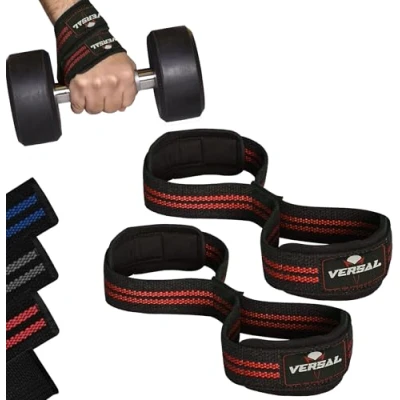 Image of VERSAL Weight Lifting Straps Figure 8 Neoprene Padded Wrist Support Gym Heavy Duty Weightlifting Deadlift for Powerlifting Fitness Training Workout (Red/Black)
