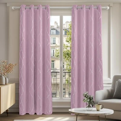 Image of Deconovo Children Curtains Dotted Line Foil Printed Eyelet Blackout Thermal Insulated for Girls Baby Pink W55 xL69 One Pair