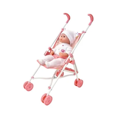 Image of DOLLSWORLD from Peterkin Deluxe four wheel folding stroller, suitable for Dolls up to 56cm (22&quot;). Stroller measures 52 x 27 55cm &amp; Accessories Ages 3+