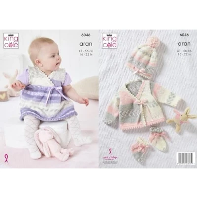 Image of King Cole Baby Aran Knitting Pattern Pinafore Dress Cardigan Hat &amp; Slipper Socks (6046), 16&#039;&#039; 22&#039;&#039;