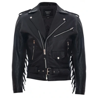 Image of Infinity Leather Mens Fringe Hide Brando Tasseled Motorcycle Biker Jacket Black Size 2XL