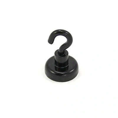 Image of Black Painted Neodymium Hook Magnet with M4 for Fridge, Whiteboard, Noticeboard, Filing Cabinet or Office 20mm Diameter x 30.5mm High 16.5kg Pull