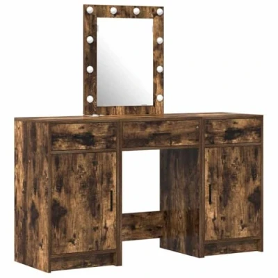 Image of vidaXL Smoked Oak Vanity Table Set Mirror/Dressing with LED Lighting, Glass &amp; Large Storage, Modern Indoor Bedroom Furniture
