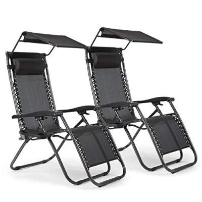 Image of IntimaTe WM Heart Zero Gravity Sun Lounger, Set of 2 Outdoor Garden Chairs, Ergonomic Folding Reclining Loungers with Cup Holder, Headrest and Canopy Shade, Black (2 PCS)
