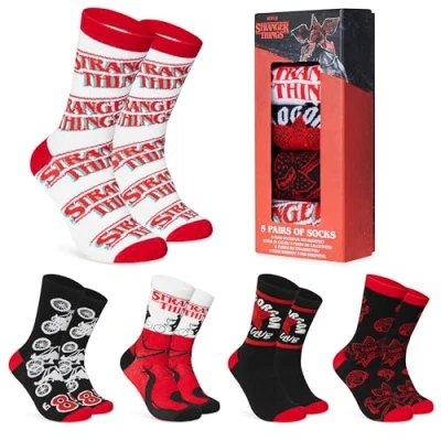Image of Stranger Things Mens Socks Pack of 5 Crew for Men Teenagers Breathable Work Sports Casual Size 6 10 Gifts Him