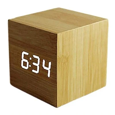 Image of ThreeH Digital Alarm Clock with Intelligent Induction,Wood LED Light Mini Cube Desk Displays Time Date Temperature for Kids,Bedrooms,Home,Dormitory,Travel AC10 Yellow_White