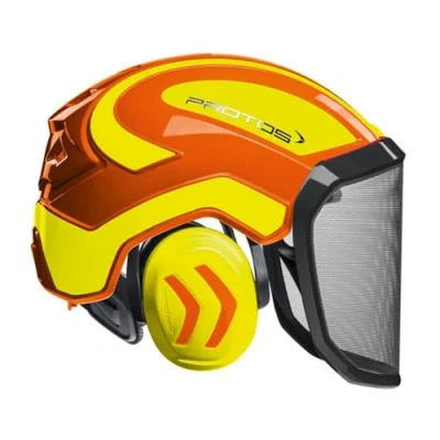 Image of Protos Safety Helmet Integral Forest Hearing Protection, Features: fine Visor, Colour: Orange/Yellow