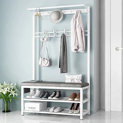 Image of Freestanding Coat Rack Heavy Duty with Shoe Bench, Industrial Hall Tree Storage, Stand Hooks, Easy to Assemble, for Entryway Hallway Living Room Bedroom