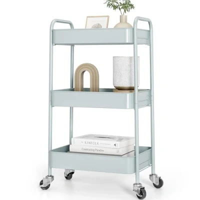 Image of KINGRACK Kitchen Trolley, 3 Tier Rolling Metal, Serving Trolley with Wheels Handles, Shelf for Office, Salon, All purpose Kitchen, Bathroom, Cosmetics, No Screw, Easy