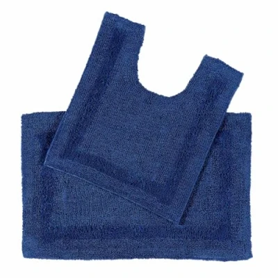 Image of HOMESCAPES Bath Mat Set, Luxury 1600gsm Extra Soft 100% Cotton, Reversible Bathroom Sets 2 Piece, Washable, Non Slip, Super Absorbent, Quick Dry, Navy Blue Rug Set: &amp; Toilet