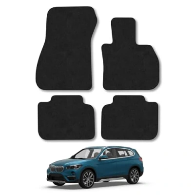 Image of Car Mats Compatible with BMW X1 (2015+) [F48] Tailored Fit Black Carpet Floor Set Accessory Custom 4 Pieces Anti Slip Backing &amp; Binding Trim Edge