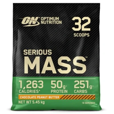Image of Optimum Nutrition Serious Mass Protein Powder High Calorie Gainer with Vitamins, Creatine and Glutamine, Chocolate Peanut Butter, 16 Servings, 5.45 kg, Packaging May Vary