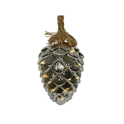 Image of Mercury Glass Pine Cone Light on Jute Hanging Rope 15 x 21cm Battery Powered 3 AA 6Hr Timer