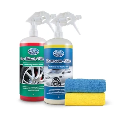 Image of Bodywork &amp; Wheels Twin Pack Showroom Shine 1L Waterless Wash and Wax One minute Wheel Cleaner Plus 2 Microfibre Cloths