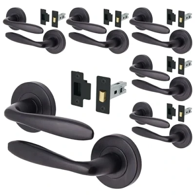 Image of EAI Black Door Handle Latch Set Pack of 6 Round Internal Handles, (64mm), Hinges (76mm) Matt Lever on Rose