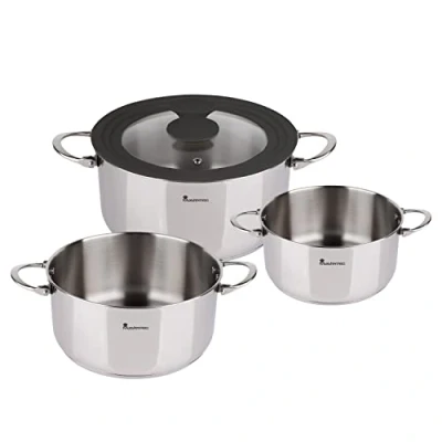 Image of MasterPro Foodies Saucepan Set 4 Piece with 16, 20 and 24 cm Pots Glass Lid Stainless Steel Cooking Pot Suitable for All Hob Types