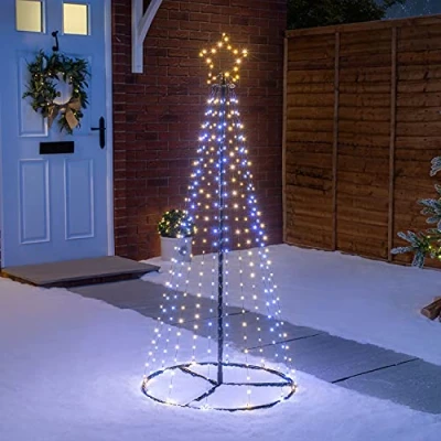 Image of Christow Maypole Christmas Tree, Light Up Outdoor Decoration, Flashing White and Warm Micro LED Pyramid Light, Mains Operated (1.4m)