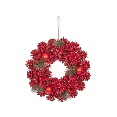 Image of Smart Garden Ruby Pine Circle Christmas Wreath Floral, Bauble and Pinecones Red 36cm Indoor Outdoor Use Decoration, Perfect for Front Doors Home