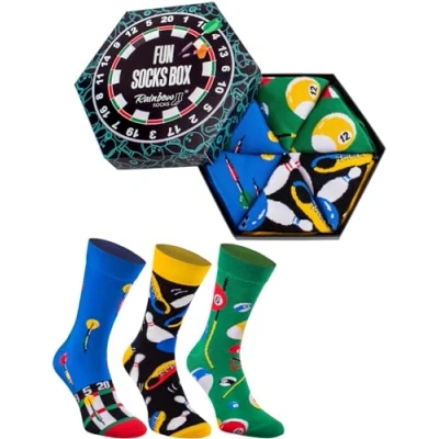 Image of Rainbow Socks Men Women Novelty Fun Box Gift 3 Pairs Billard Bowling Dart Size 4 7