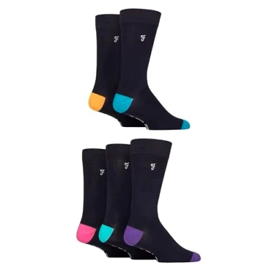 Image of Mens 5 Pair Farah Plain, Striped and Patterned Everyday Bamboo Socks Contrast Navy 6 11