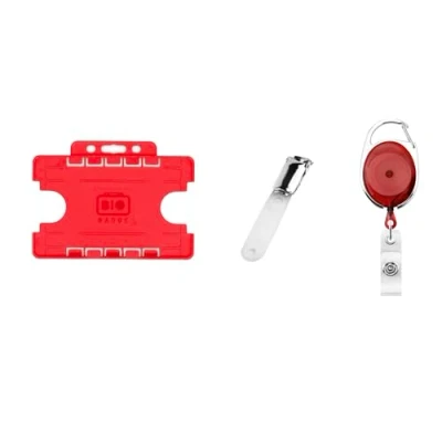 Image of ID Card It Pass Badge Holder Double Sided, Retractable yoyo Reel and Crocodile Strap Lever Clip Red